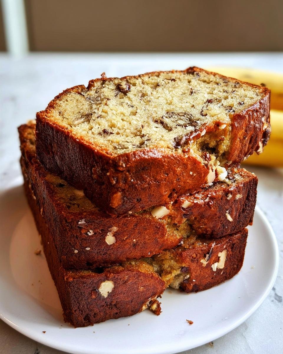 Three thick slices of Greek Yogurt Banana Bread Extra Soft stacked on a white plate, showing a moist interior and nutty crust.
