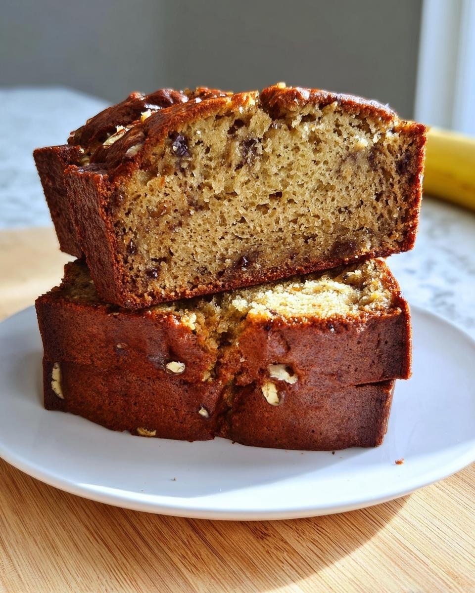 Two stacked slices showing the moist crumb of Greek Yogurt Banana Bread Extra Soft with visible nuts.