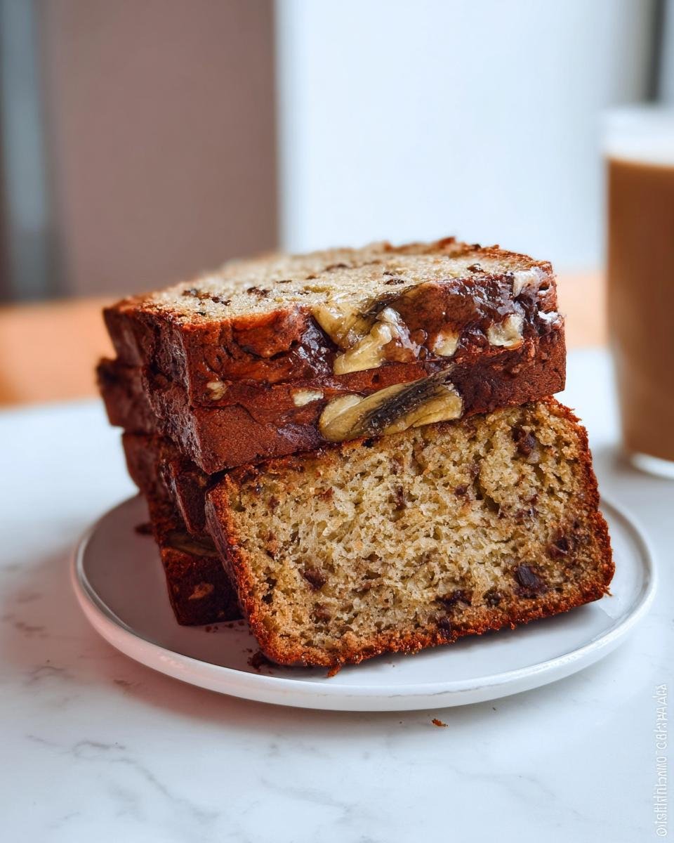 Stack of three moist slices of Greek Yogurt Banana Bread Extra Soft, topped with banana slices and nuts.