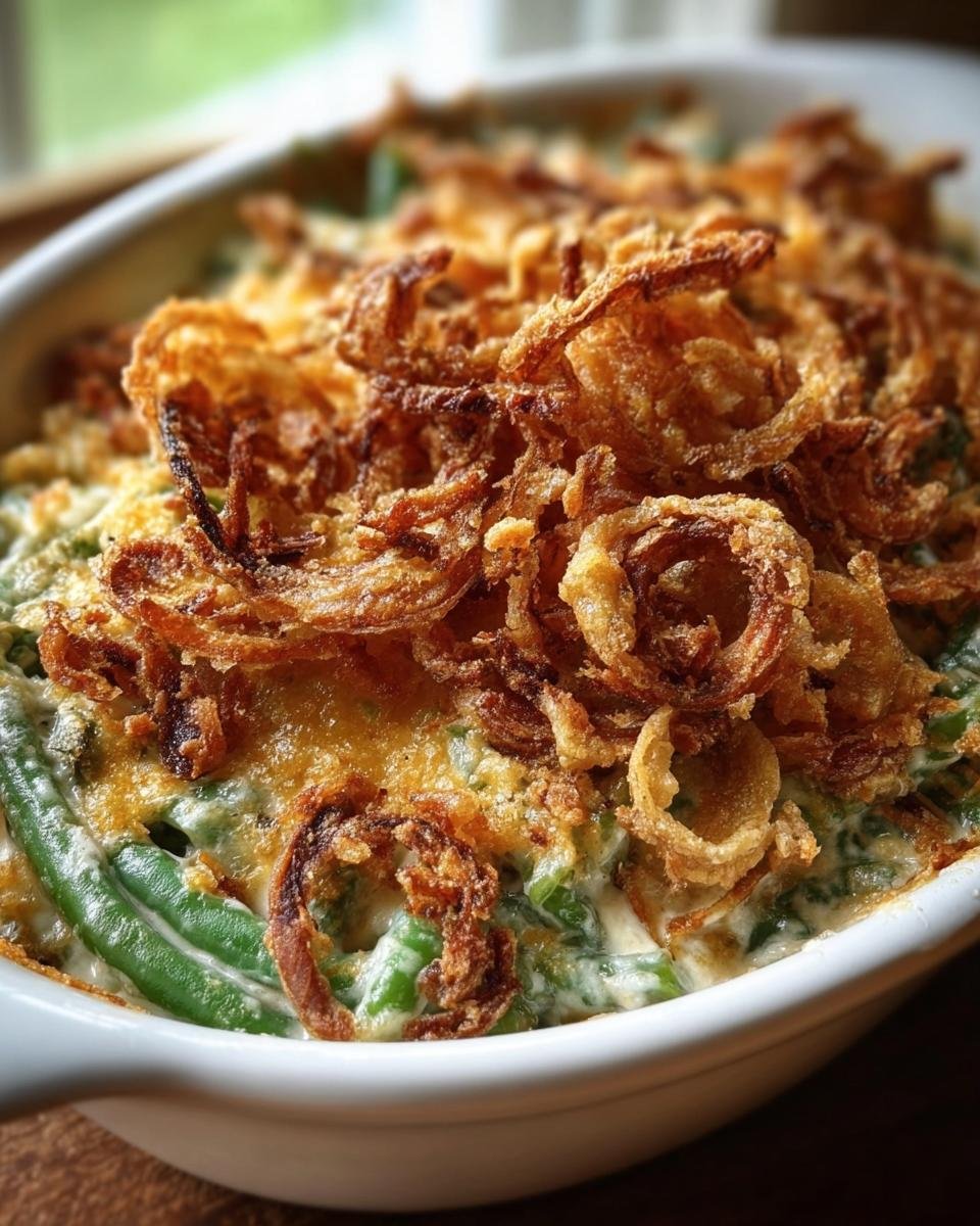 Close-up of a creamy Green Bean Casserole topped generously with crispy fried onions.