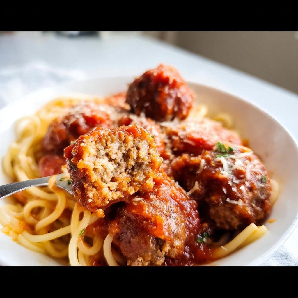 A fork holds a halved Homemade Meatball showing its juicy interior, served over spaghetti with marinara sauce and Parmesan.