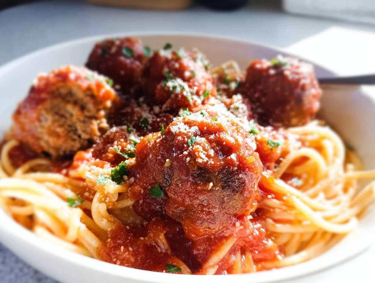 Close-up of a bowl filled with spaghetti topped generously with rich tomato sauce and several Homemade Meatballs, sprinkled with Parmesan cheese.