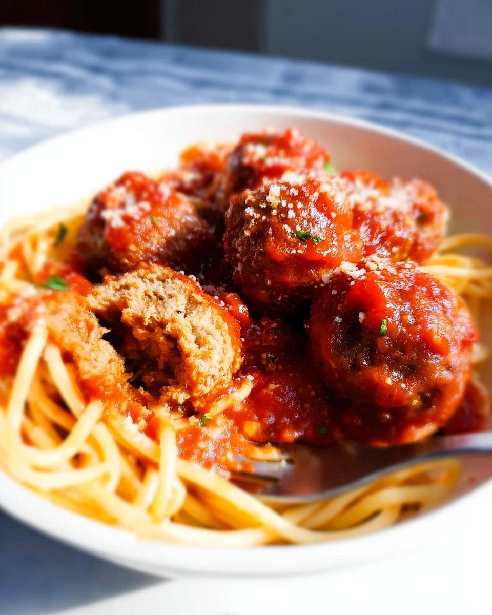 Close-up of a bowl of spaghetti topped with rich tomato sauce and juicy Homemade Meatballs, sprinkled with Parmesan.