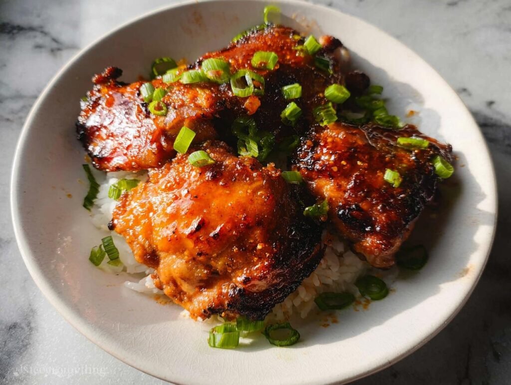 Three glazed Honey Sriracha Thighs served over white rice and garnished with chopped green onions.