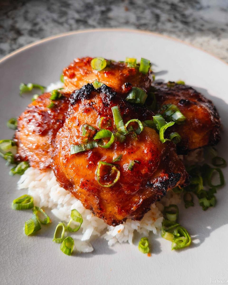 Three glazed Honey Sriracha Thighs served over a bed of white rice and topped with sliced green onions.
