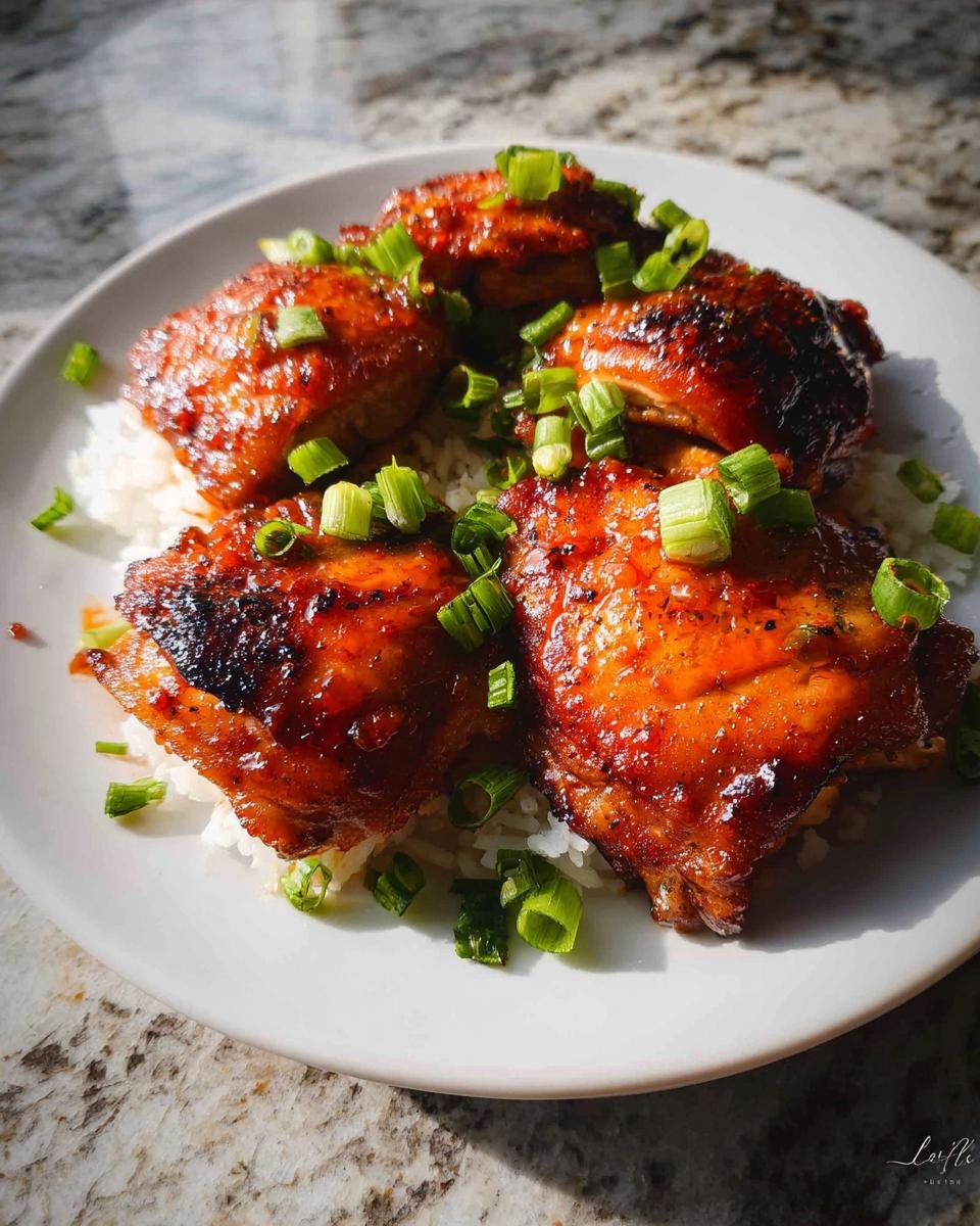 Four glazed Honey Sriracha Thighs resting on a bed of white rice and garnished with chopped green onions.