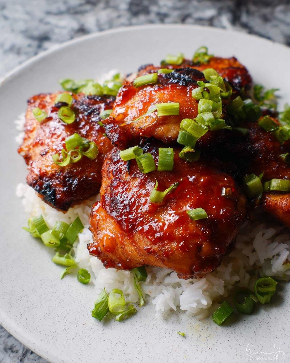 Close-up of glazed Honey Sriracha Thighs served over fluffy white rice and topped with sliced green onions.