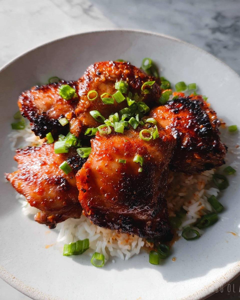 Four pieces of glazed Honey Sriracha Thighs resting on a bed of white rice and topped with chopped green onions.