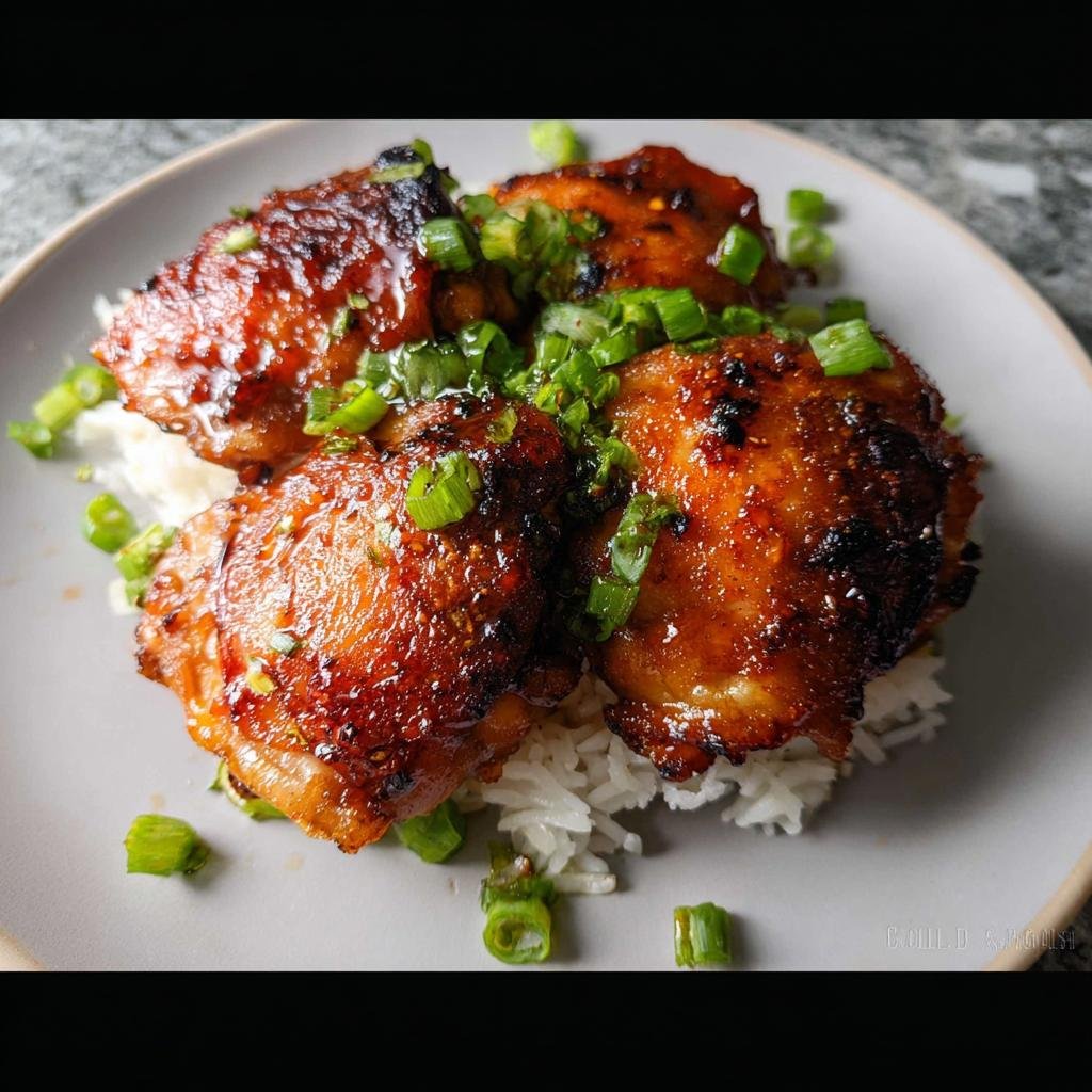 Three glazed Honey Sriracha Thighs served over white rice and garnished with fresh chopped green onions.