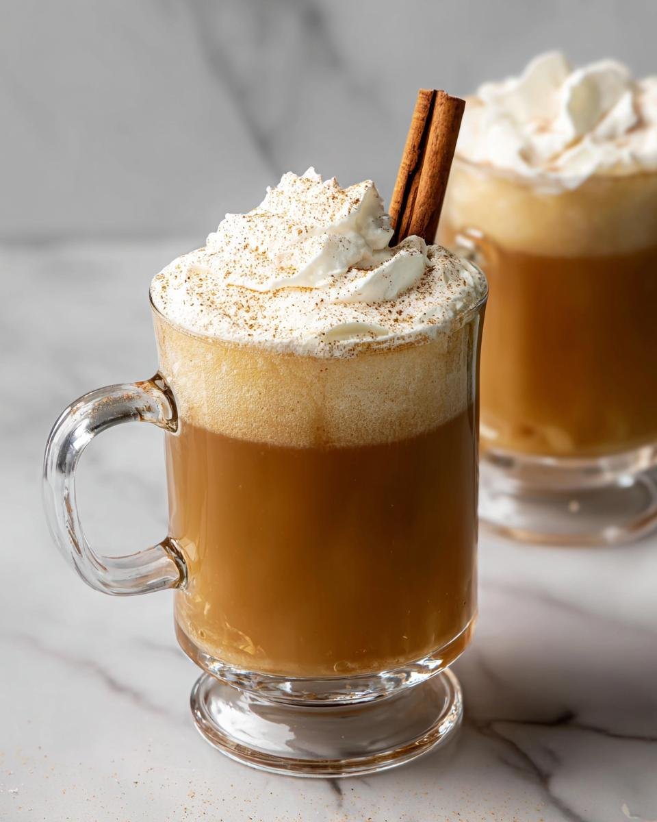 A clear glass mug filled with rich, amber Hot Buttered Rum, topped with whipped cream and a cinnamon stick.