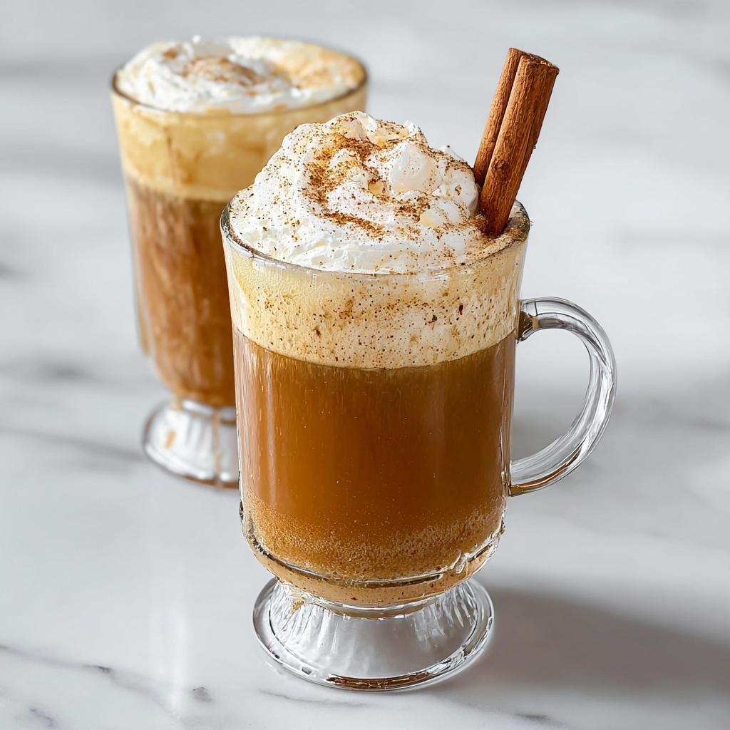 Two glasses of rich, amber Hot Buttered Rum topped with whipped cream and cinnamon sticks.