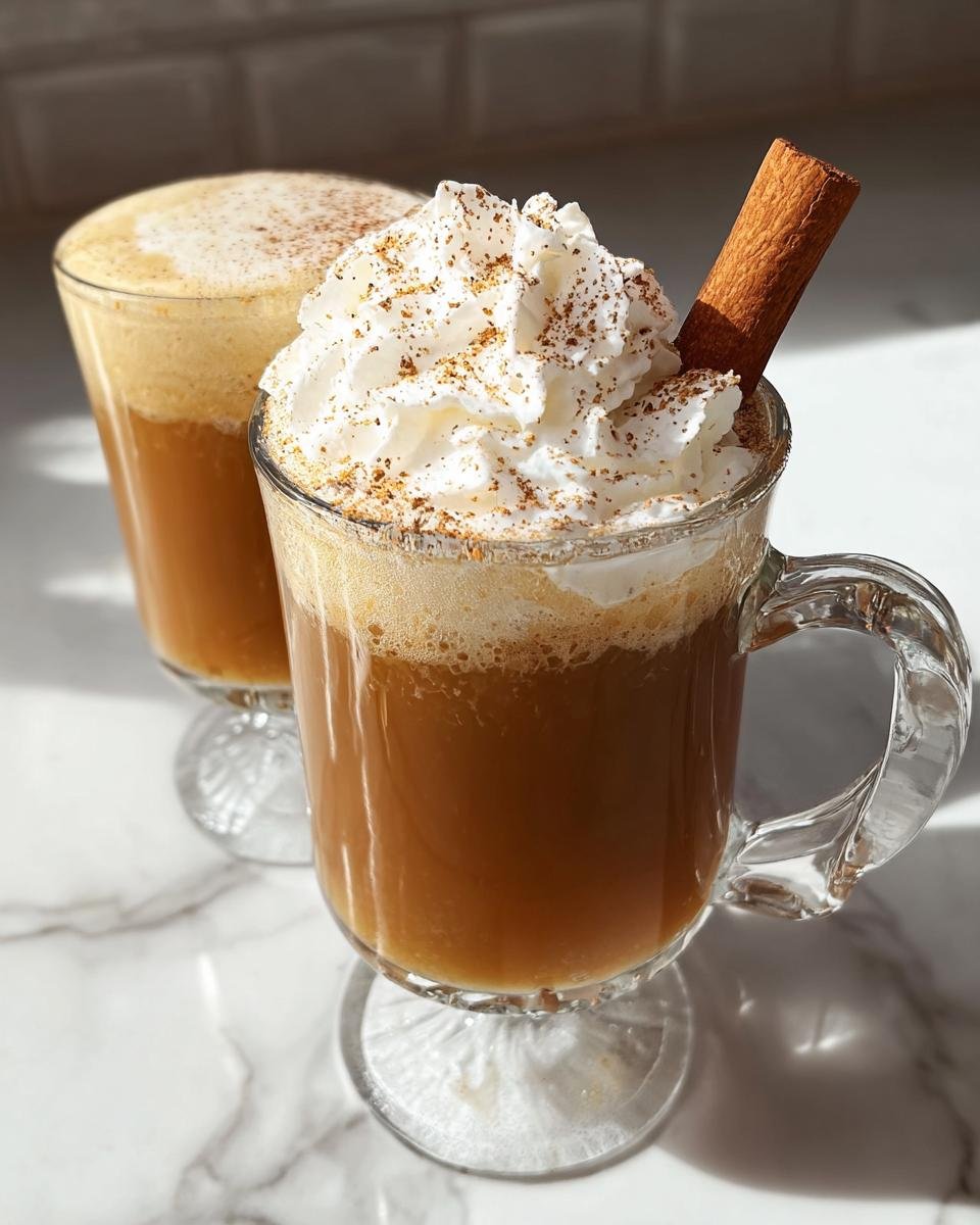 Two mugs of rich, amber Hot Buttered Rum topped with whipped cream, spice, and a cinnamon stick garnish.