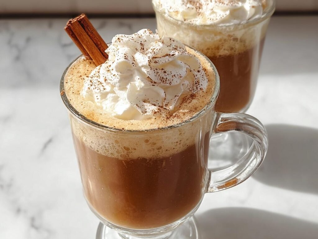 Close-up of a glass mug filled with Hot Buttered Rum, topped with whipped cream and a cinnamon stick.