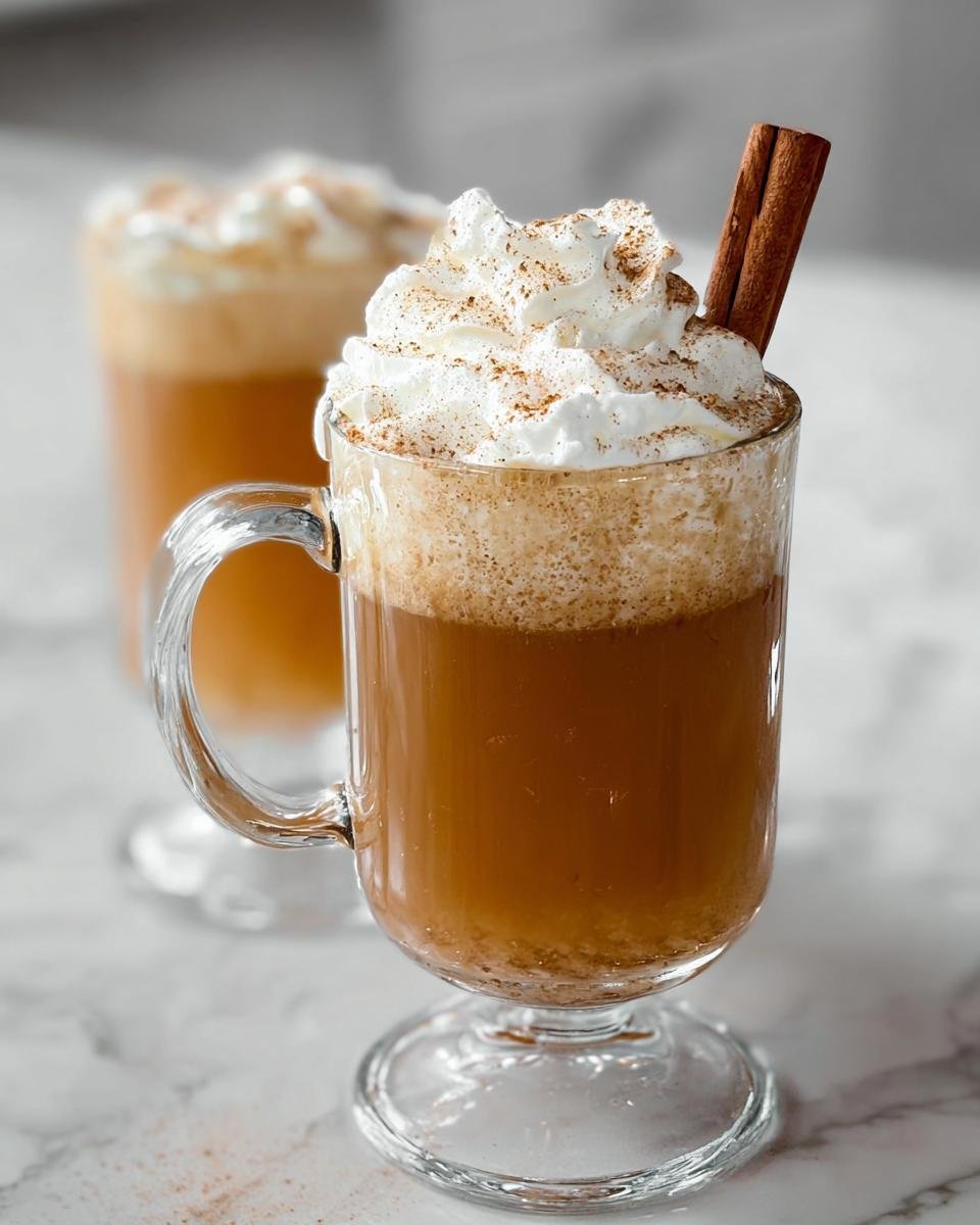 A close-up of a Hot Buttered Rum topped with whipped cream, cinnamon, and a cinnamon stick garnish.