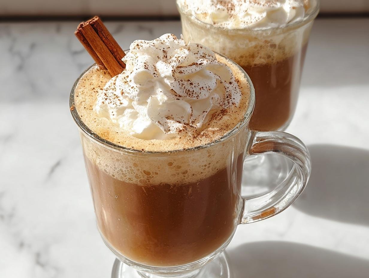 Close-up of a glass mug filled with Hot Buttered Rum, topped with whipped cream and a cinnamon stick.