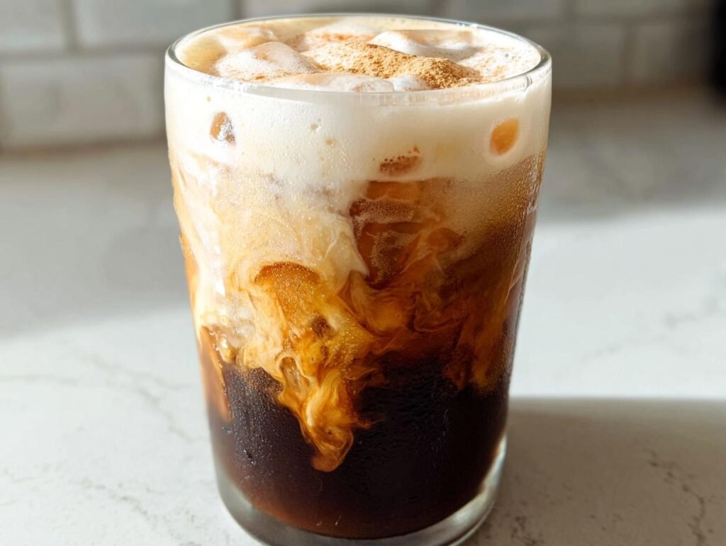 Close-up of a tall glass filled with Iced Brown Sugar Shaken Espresso, showing layers of dark coffee and creamy foam dusted with cinnamon.