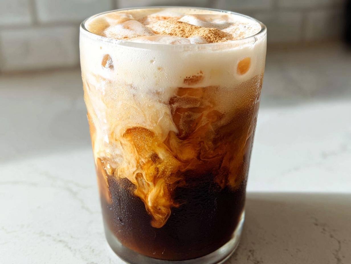 Close-up of a tall glass filled with Iced Brown Sugar Shaken Espresso, showing layers of dark coffee and creamy foam dusted with cinnamon.