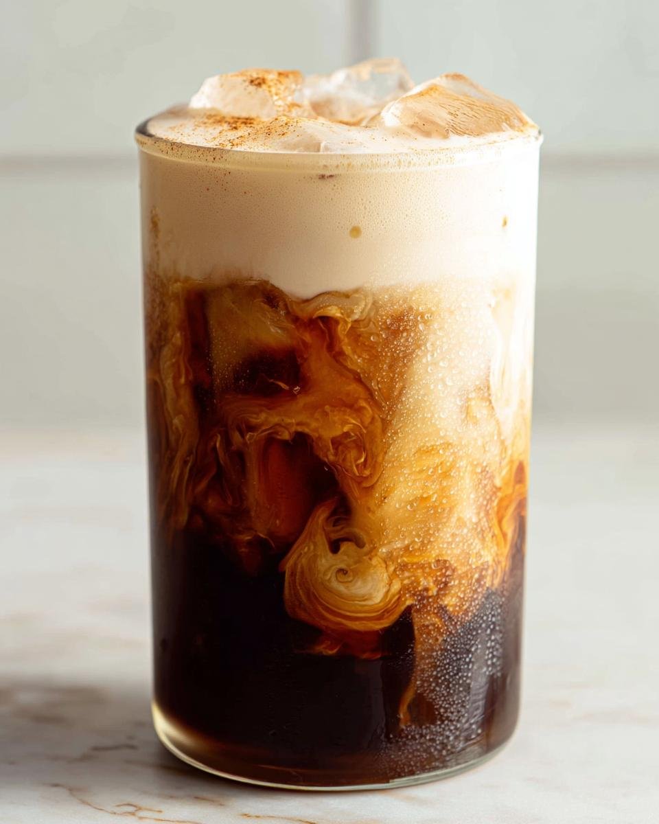 Close-up of an Iced Brown Sugar Shaken Espresso showing creamy milk swirling into dark coffee over ice.