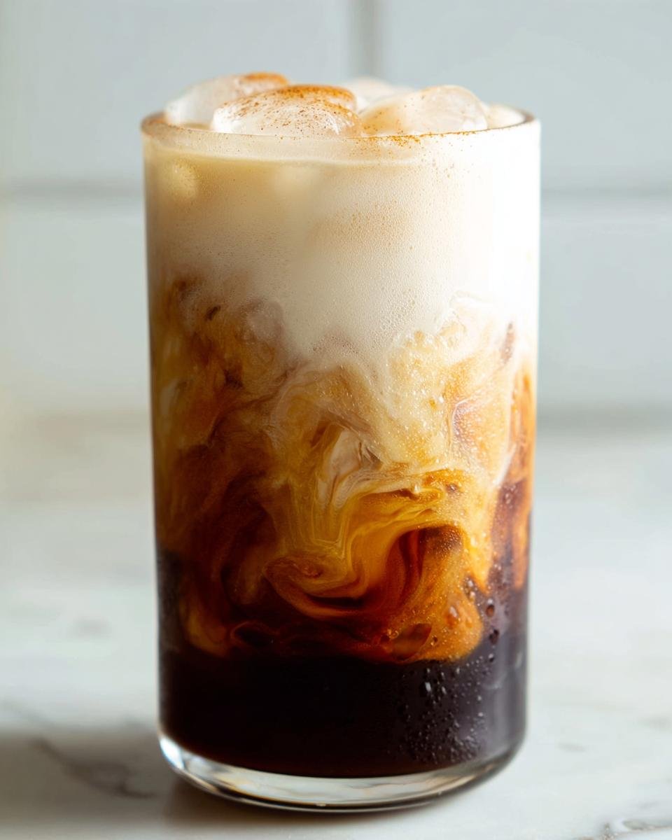 Close-up of an Iced Brown Sugar Shaken Espresso showing rich swirls of coffee and cream over ice.