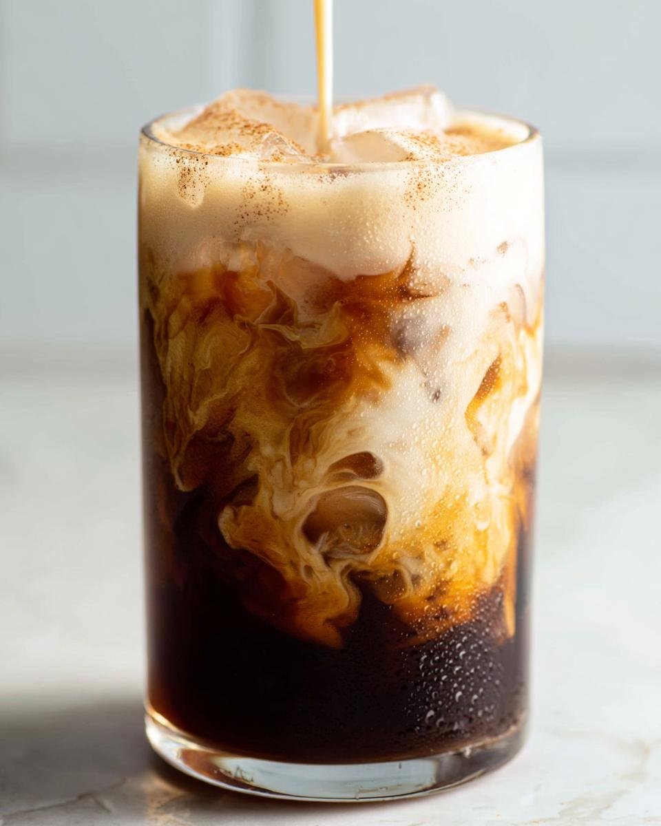 Close-up of cream being poured into an Iced Brown Sugar Shaken Espresso, creating beautiful swirls.