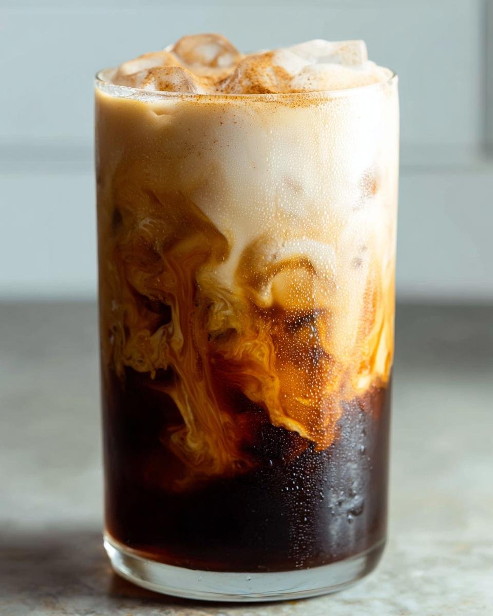 Close-up of a tall glass filled with Iced Brown Sugar Shaken Espresso showing swirling layers of dark coffee and creamy milk.