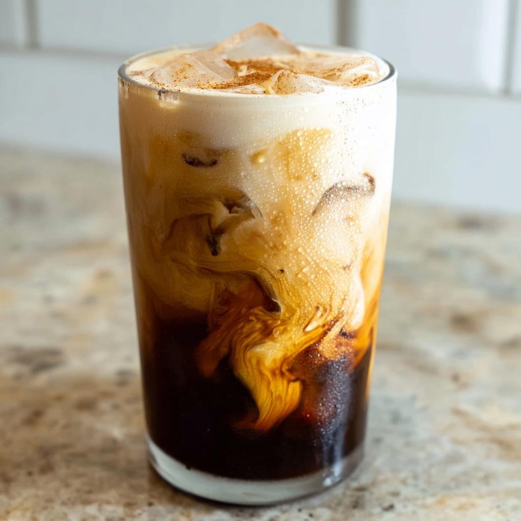 Close-up of a tall glass filled with Iced Brown Sugar Shaken Espresso showing swirling cream and dark coffee layers.