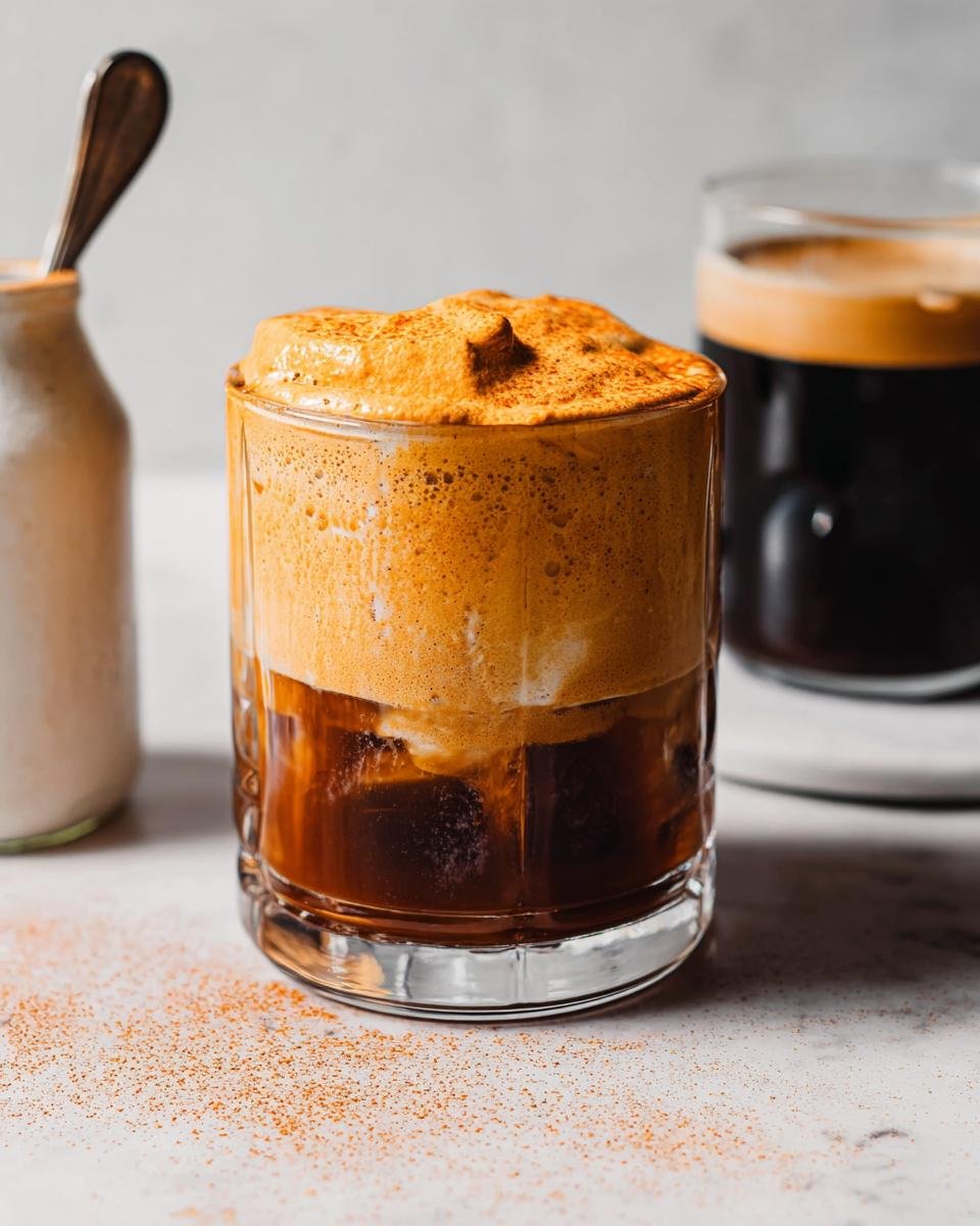 A glass of iced coffee topped generously with thick, orange Pumpkin Cream Cold Foam and a dusting of spice.