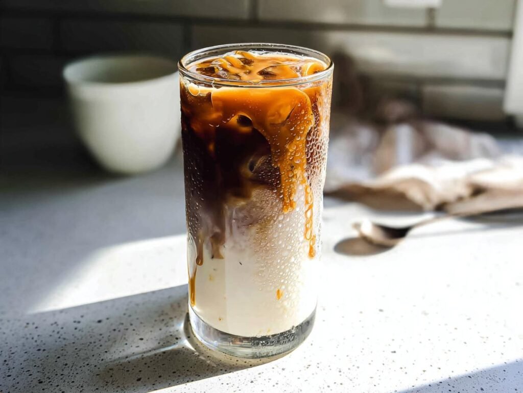 A tall glass of iced Copycat Caramel Macchiato showing layers of milk, ice, and espresso with thick caramel drizzling down the sides.