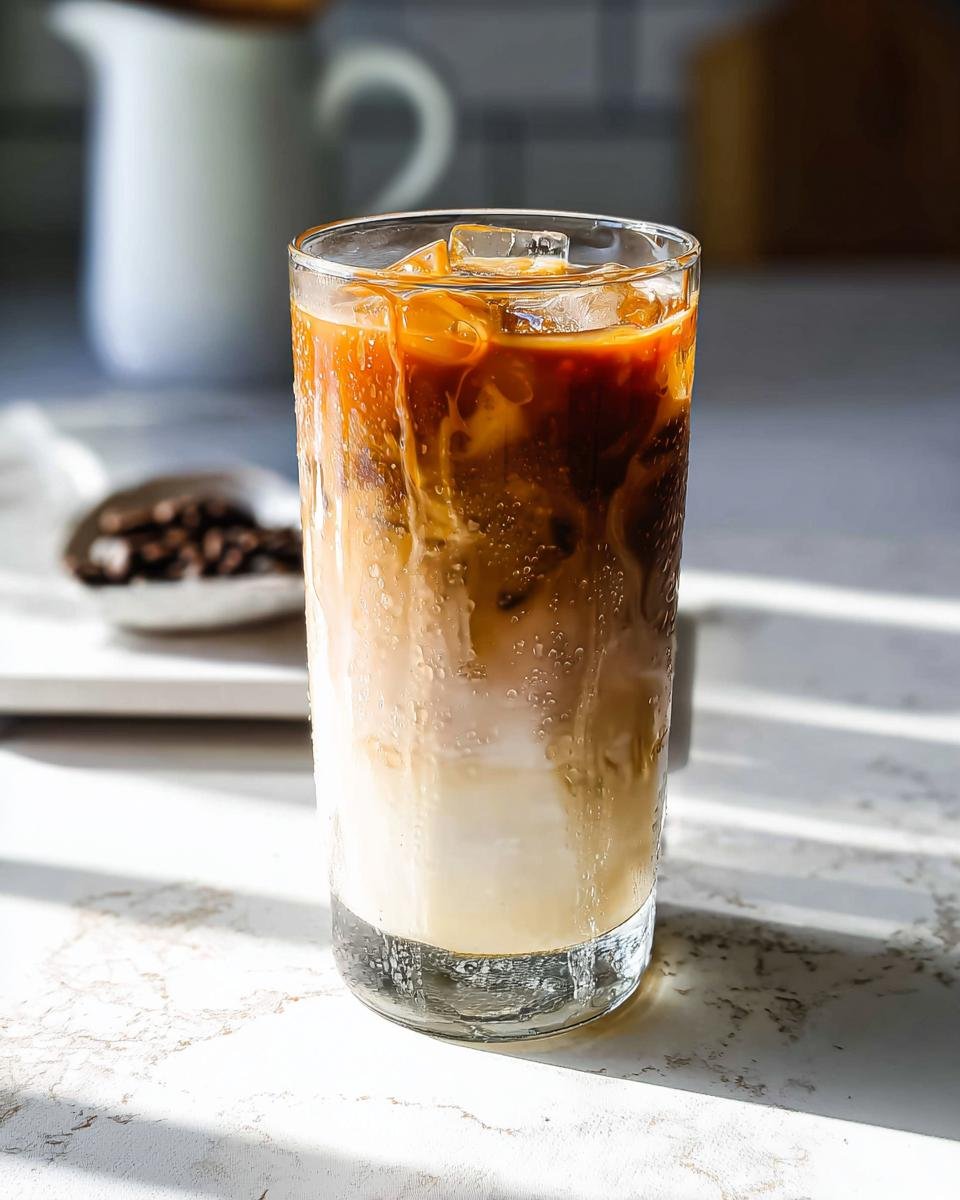 A tall glass of iced Copycat Caramel Macchiato showing distinct layers of milk, espresso, and caramel swirls over ice.