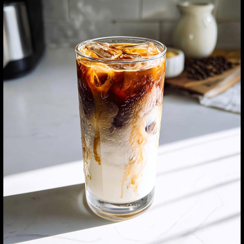 A tall glass showing distinct layers of milk, caramel drizzle, and espresso for an iced Copycat Caramel Macchiato.