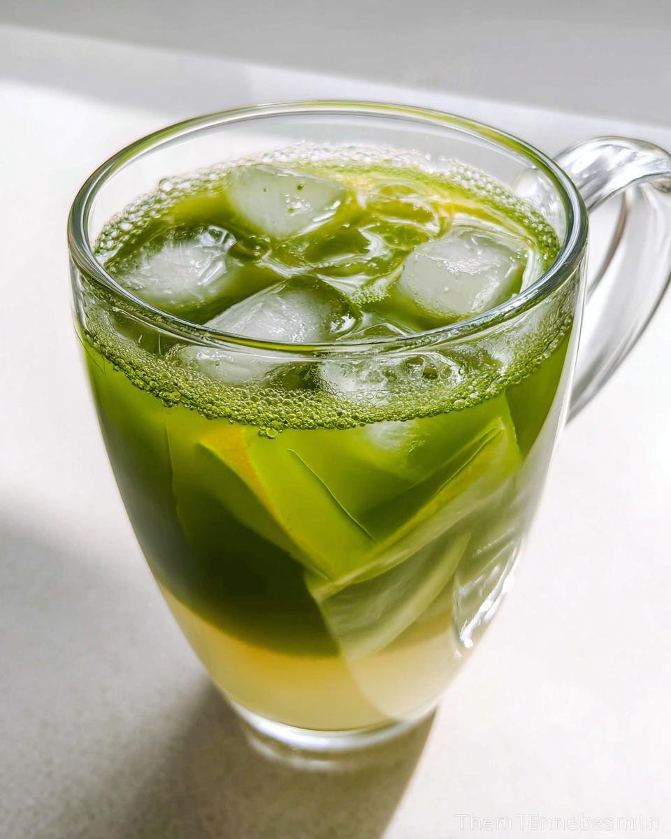 Close-up of iced Matcha Lemonade layered in a clear glass mug with ice cubes.