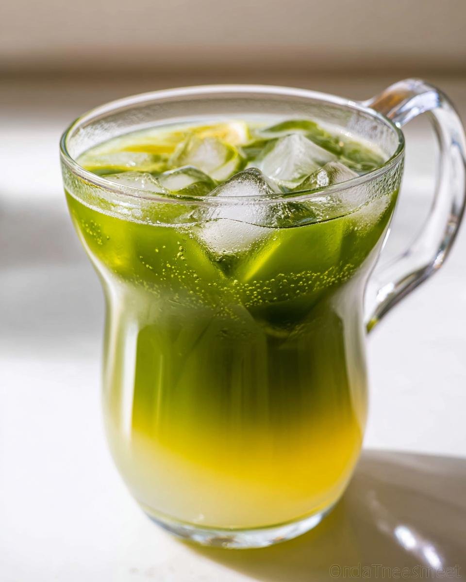 Close-up of a clear glass pitcher filled with layered Matcha Lemonade, ice cubes, and lemon slices.