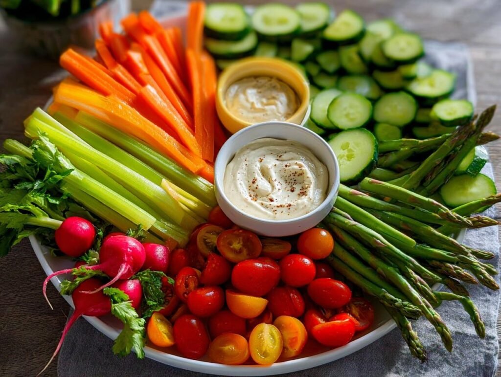 A colorful Kid-Friendly Veggie Platter featuring carrot sticks, celery, radishes, tomatoes, asparagus, and cucumber slices with hummus dip.