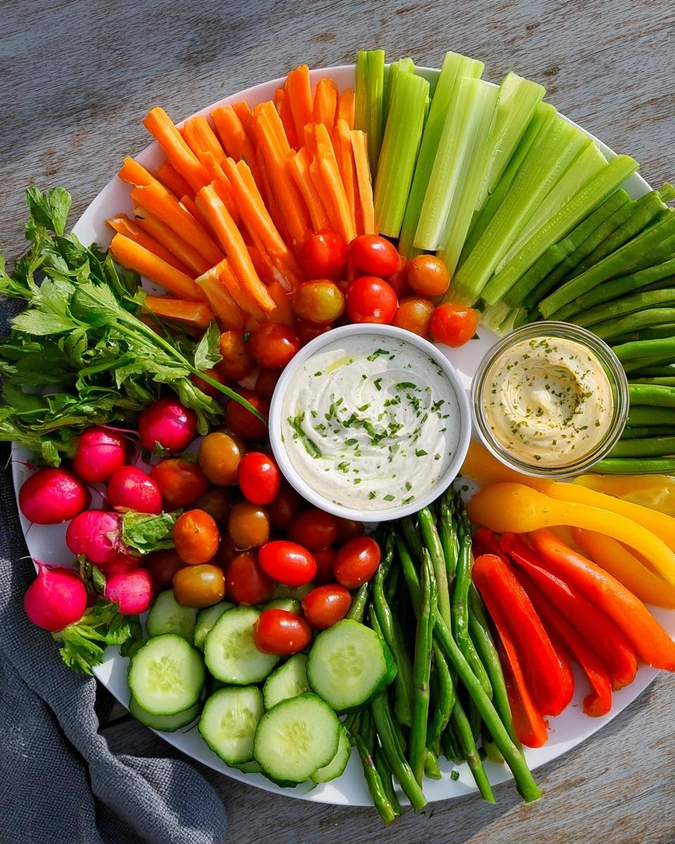 Overhead view of a vibrant Kid-Friendly Veggie Platter featuring carrots, celery, cucumbers, radishes, and two dips.