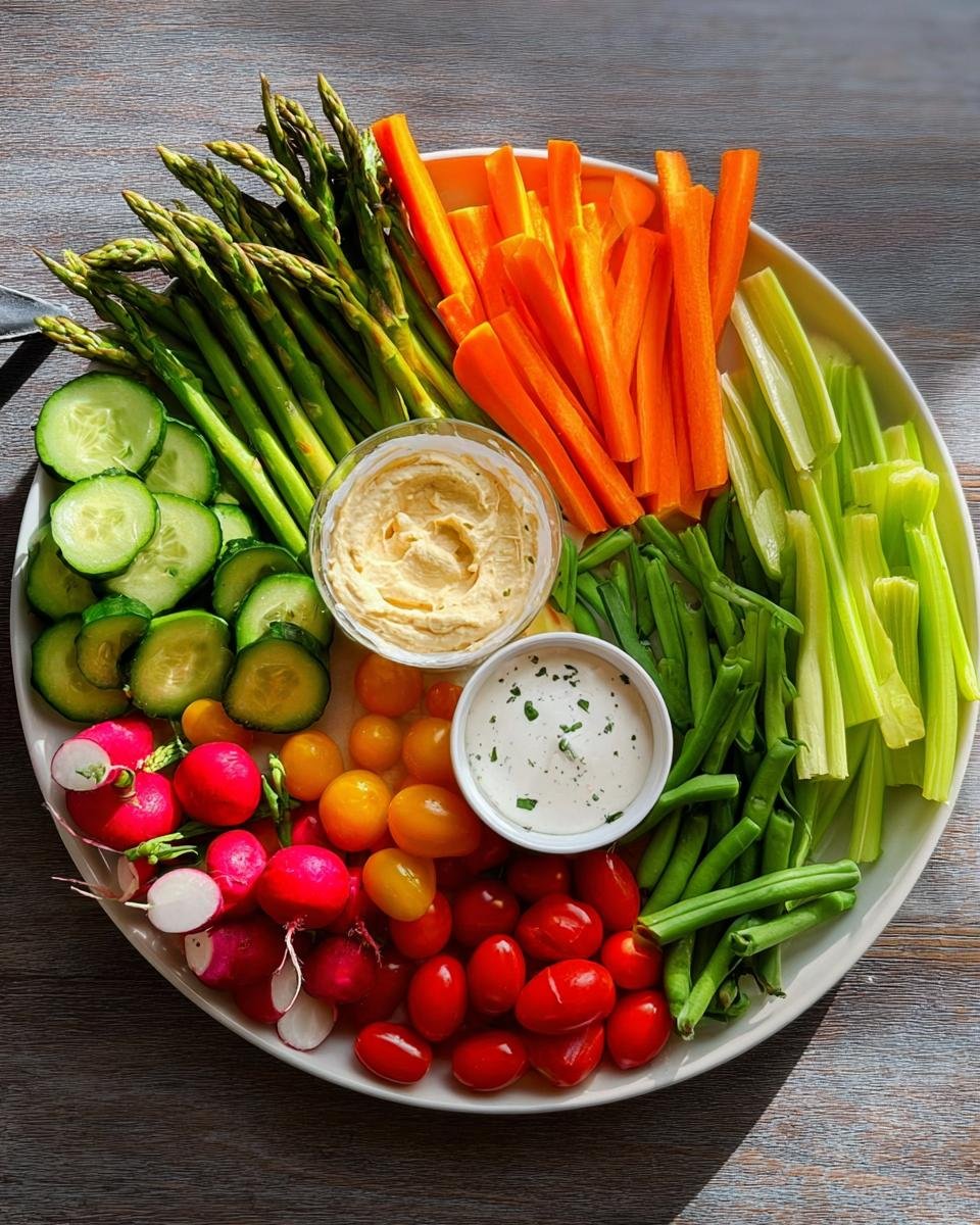 A vibrant Kid-Friendly Veggie Platter featuring carrots, celery, asparagus, cucumbers, tomatoes, radishes, and two dips.