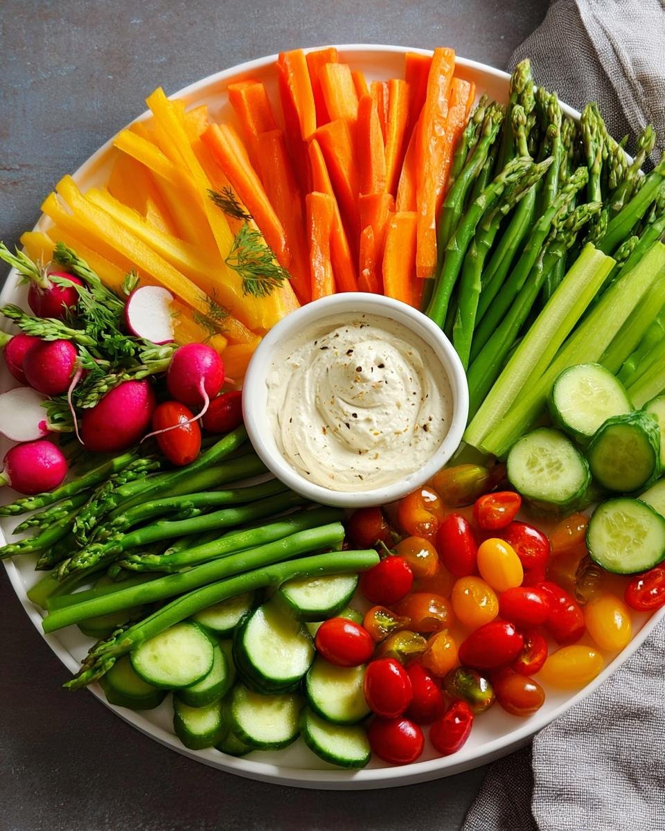 Overhead view of a vibrant Kid-Friendly Veggie Platter featuring carrots, cucumbers, asparagus, radishes, tomatoes, and dip.