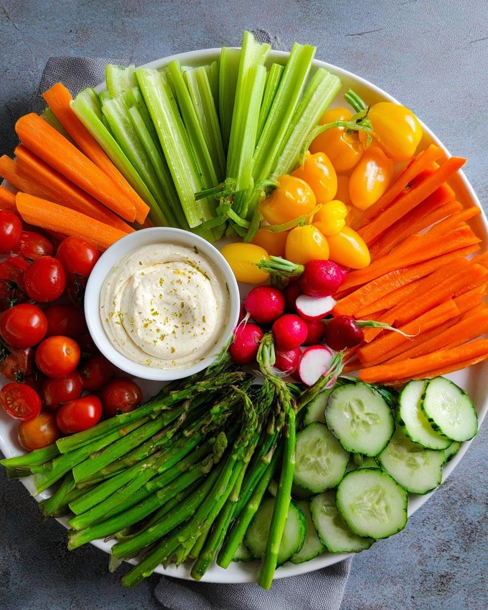 Overhead view of a Kid-Friendly Veggie Platter featuring carrots, celery, cucumbers, asparagus, and dip.