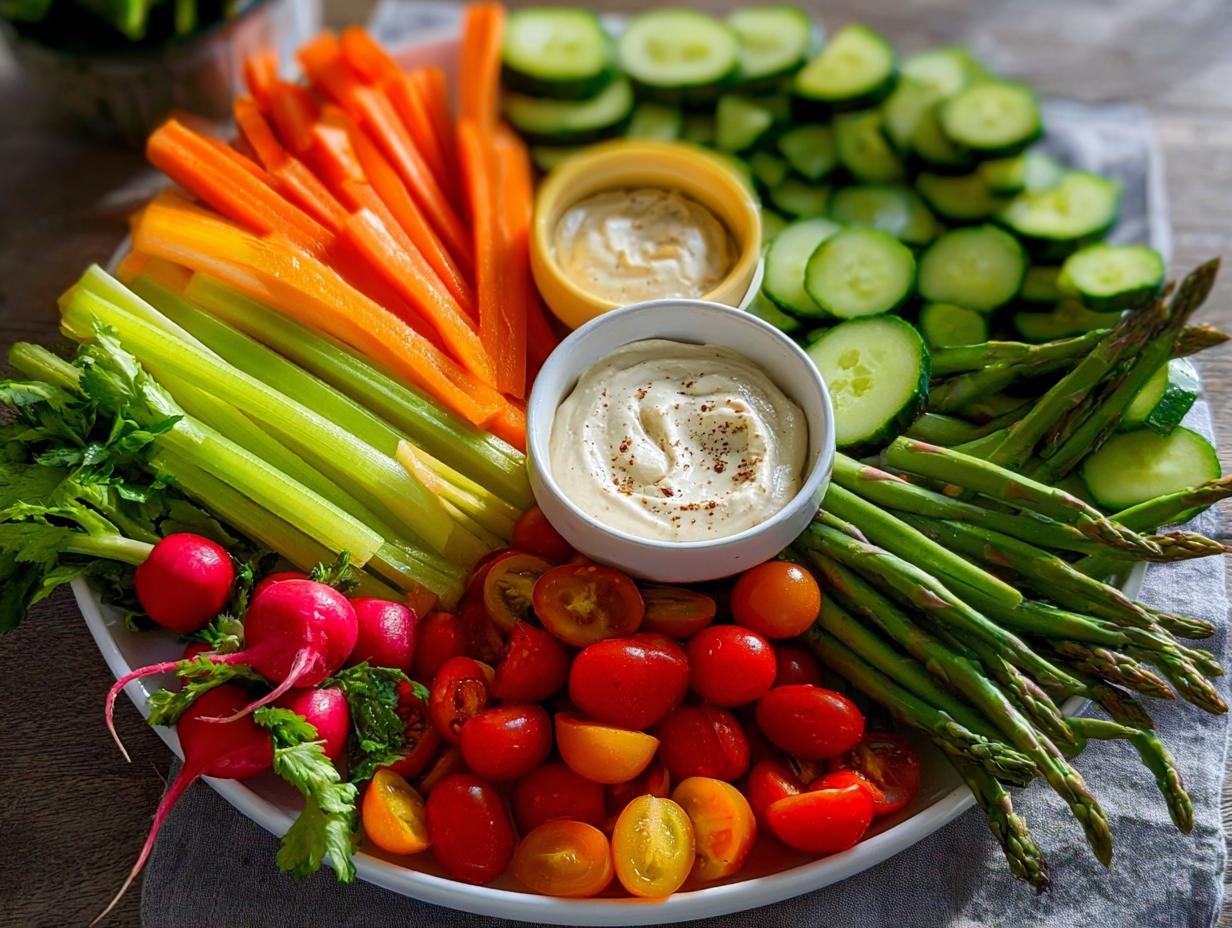 A colorful Kid-Friendly Veggie Platter featuring carrot sticks, celery, radishes, tomatoes, asparagus, and cucumber slices with hummus dip.