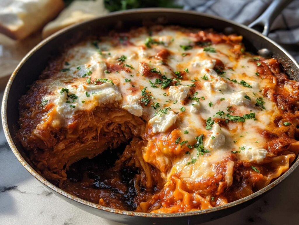 Close-up of a bubbling Lasagna Skillet in a pan, topped with melted cheese and dollops of ricotta.