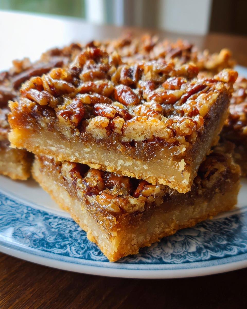 Two stacked Pecan Pie Bars showing the thick shortbread crust and gooey pecan topping.