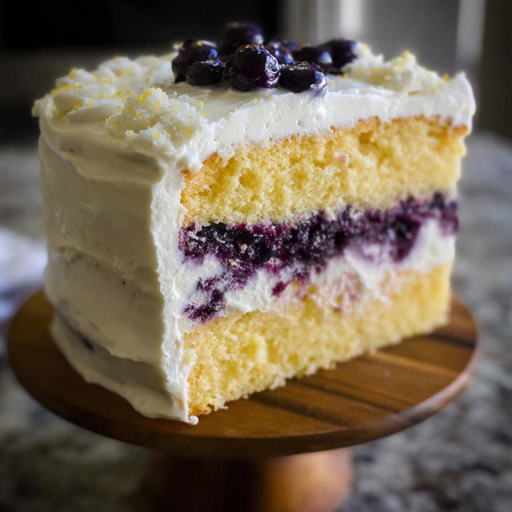 A close-up slice of Lemon Blueberry Layer Cake showing two layers of yellow cake, blueberry filling, and white frosting.