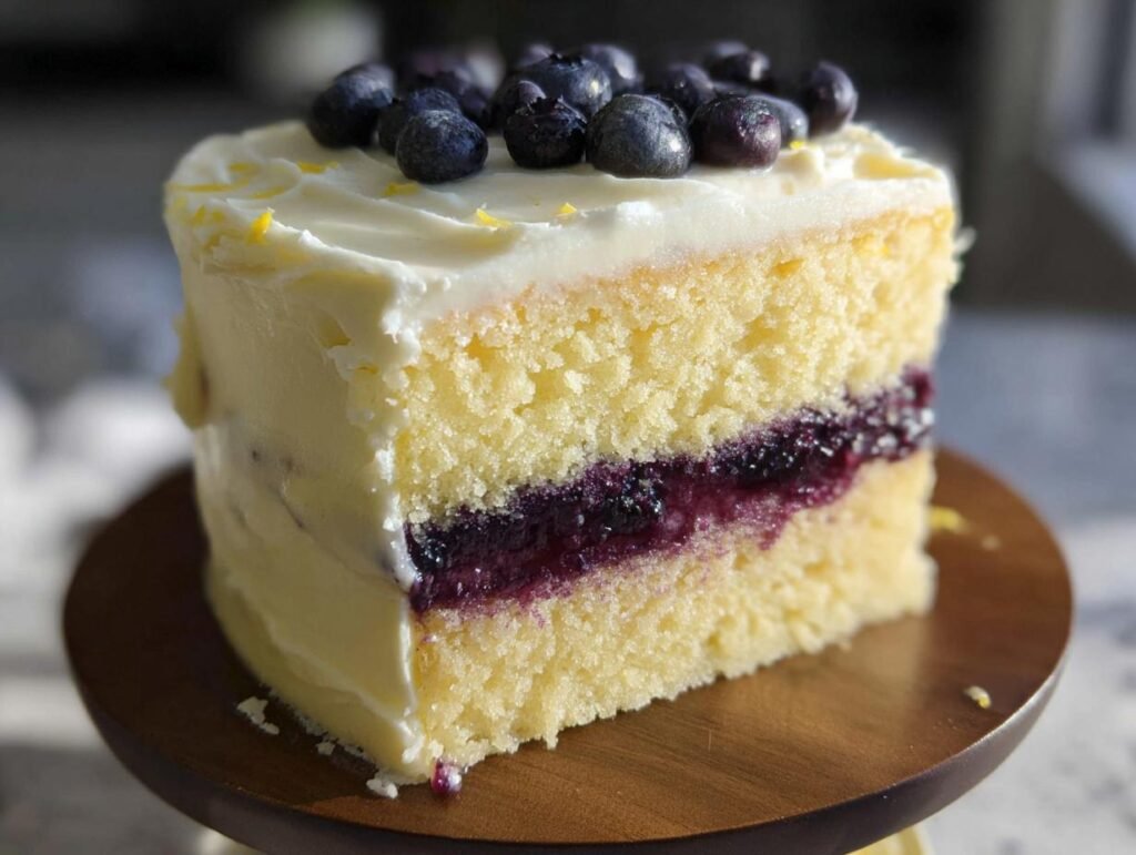 A close-up slice of Lemon Blueberry Layer Cake showing yellow sponge, blueberry filling, and white frosting topped with fresh blueberries.