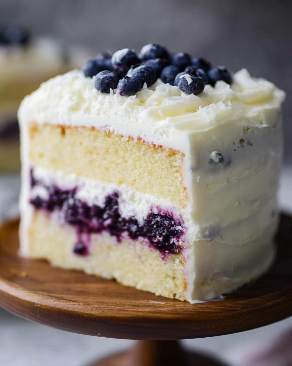 Close-up of a slice of Lemon Blueberry Layer Cake showing two layers of cake, blueberry filling, and white frosting topped with fresh blueberries.