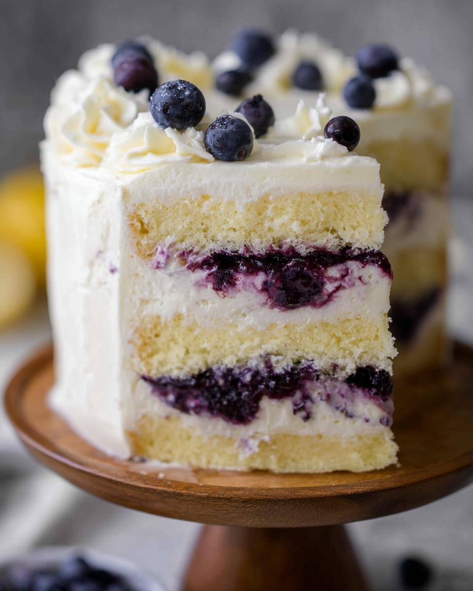 A close-up of a slice cut from a Lemon Blueberry Layer Cake, showing layers of cake, cream, and blueberry filling.
