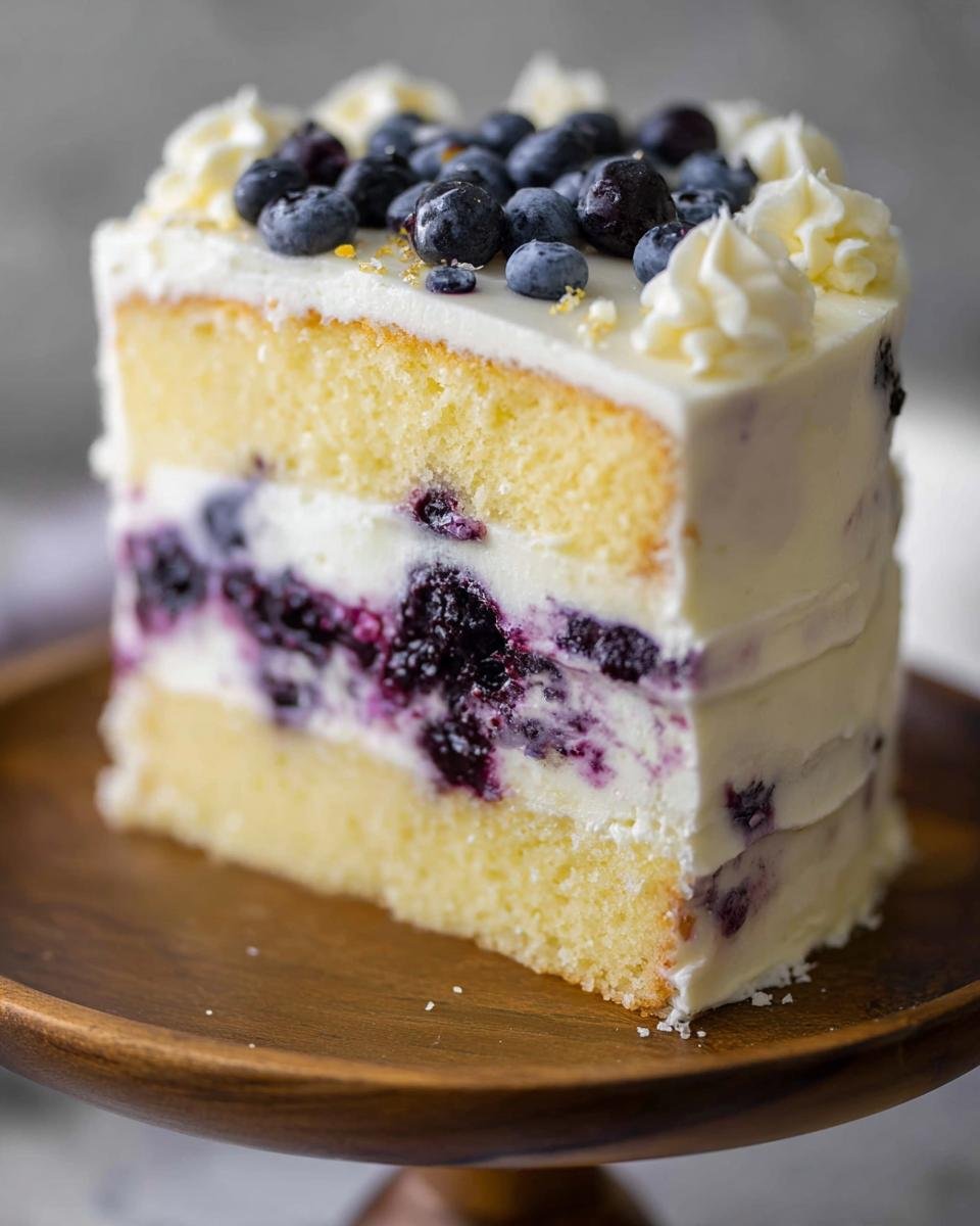 A close-up slice of Lemon Blueberry Layer Cake showing two layers of yellow cake, blueberry filling, and white frosting.