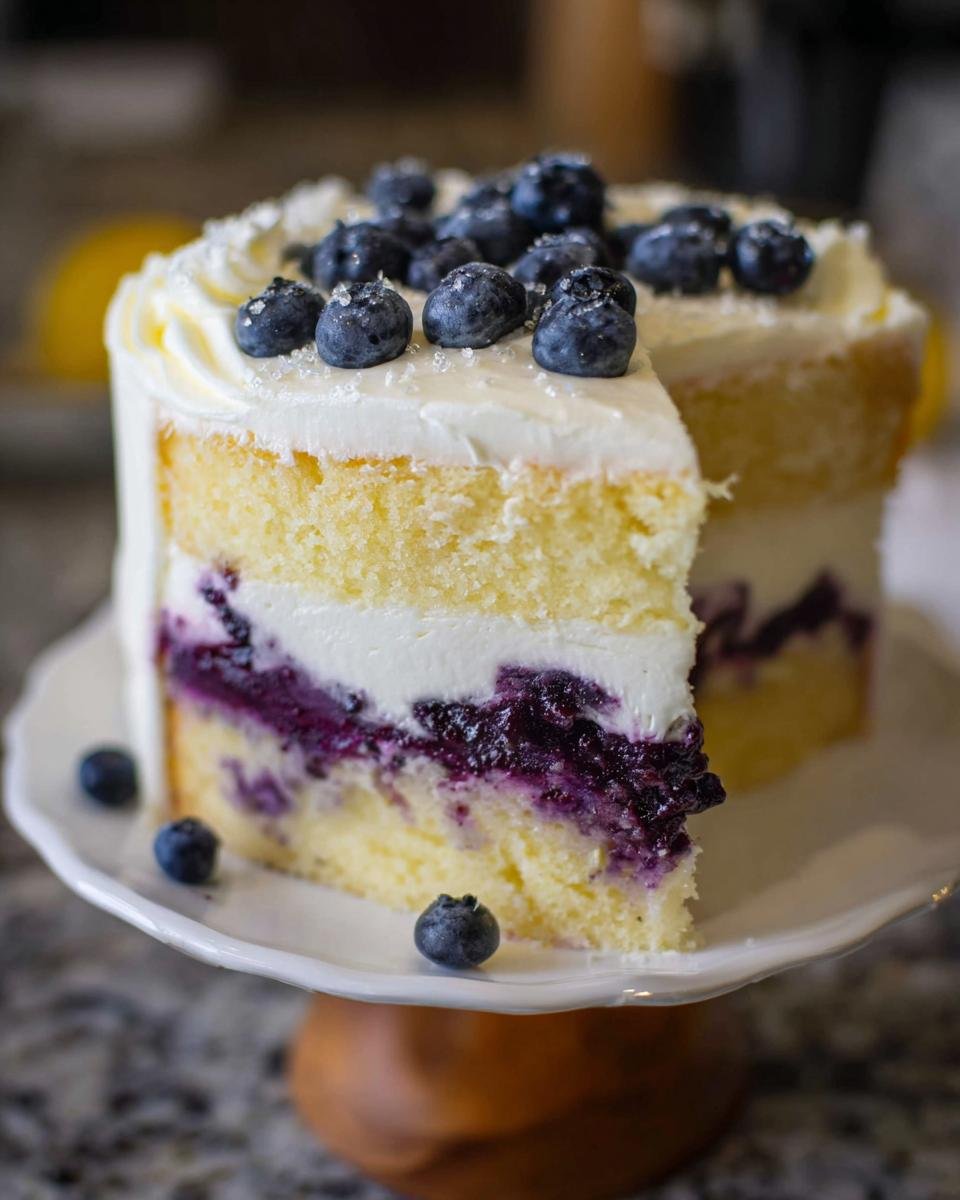 A slice cut from a Lemon Blueberry Layer Cake showing layers of yellow cake, white frosting, and rich blueberry filling, topped with fresh blueberries.