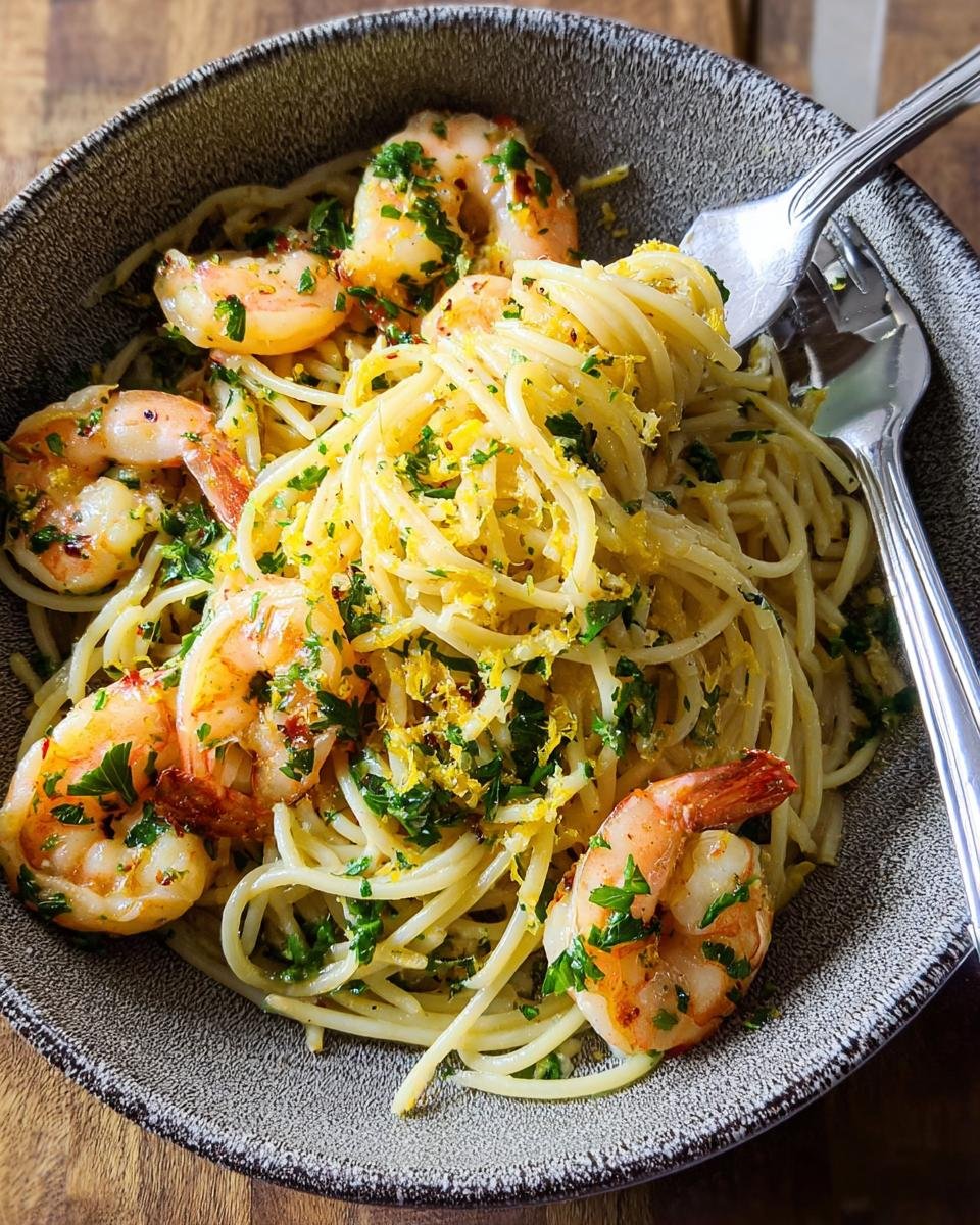 Close-up overhead shot of Lemon Butter Shrimp Pasta with large shrimp, lemon zest, and parsley in a speckled grey bowl.