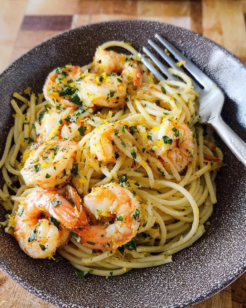 A close-up overhead shot of Lemon Butter Shrimp Pasta topped with bright shrimp, lemon zest, and parsley.