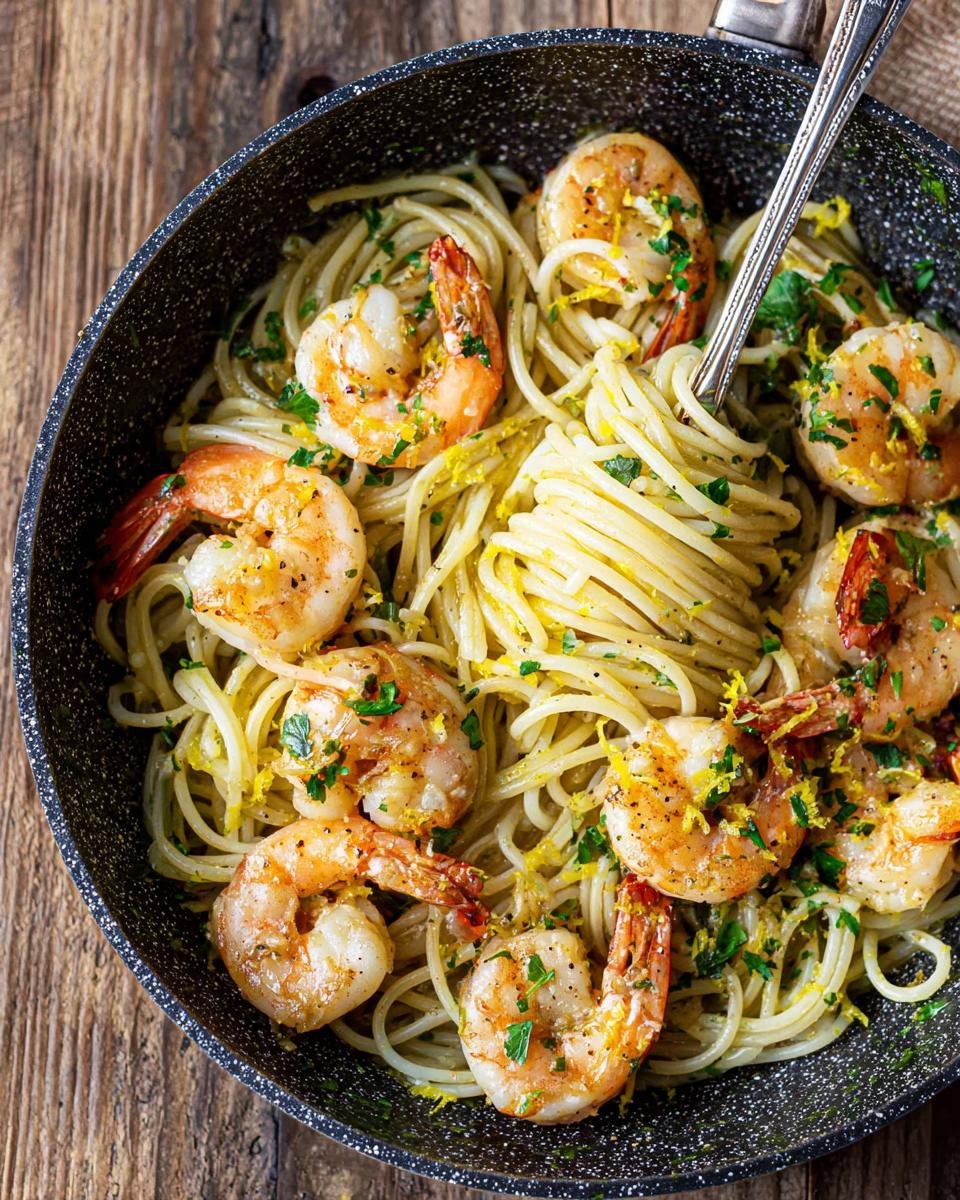 Overhead view of Lemon Butter Shrimp Pasta tossed with shrimp, lemon zest, and parsley in a dark skillet.