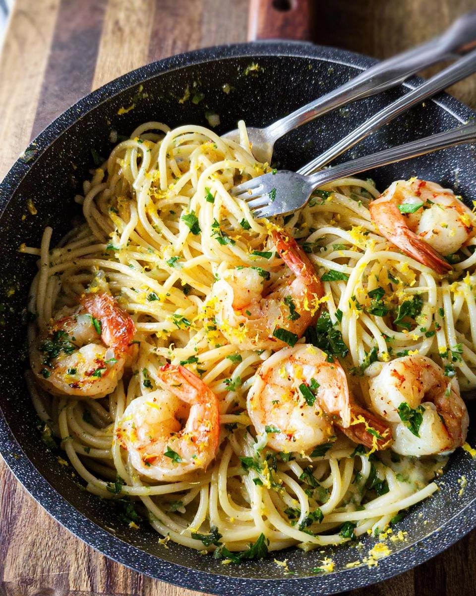Close-up of Lemon Butter Shrimp Pasta tossed with lemon zest and parsley in a dark skillet.